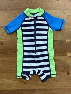 Up and Fast- UPF 50+ Baby Boy's Swimwear with Sun Hat, blue & green with stripes